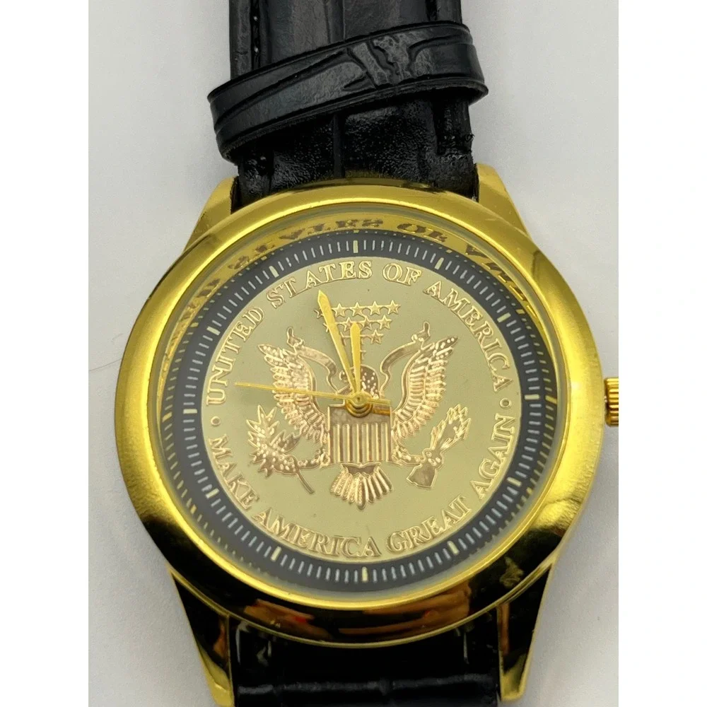 Donald Trump 45th President MAGA Watch Gold Tone Black Leather Strap Patriotic